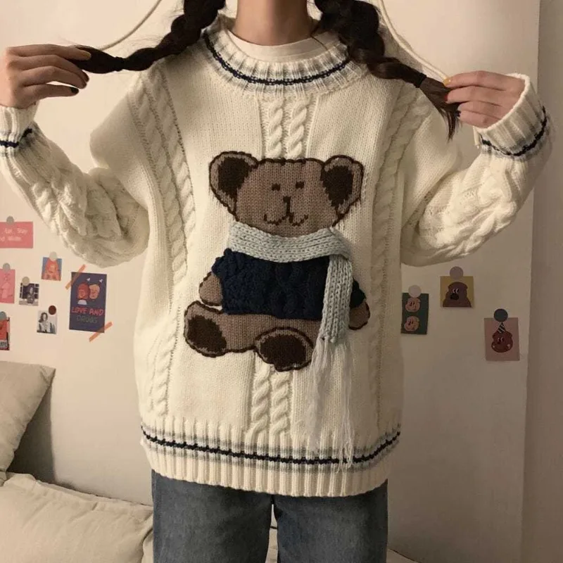 

HOUZHOU Kawaii Knit Sweater Women Preppy Harajuku Oversized Pullover Cute Autumn Winter Jumper Aesthetic Korean Fashoion Casual