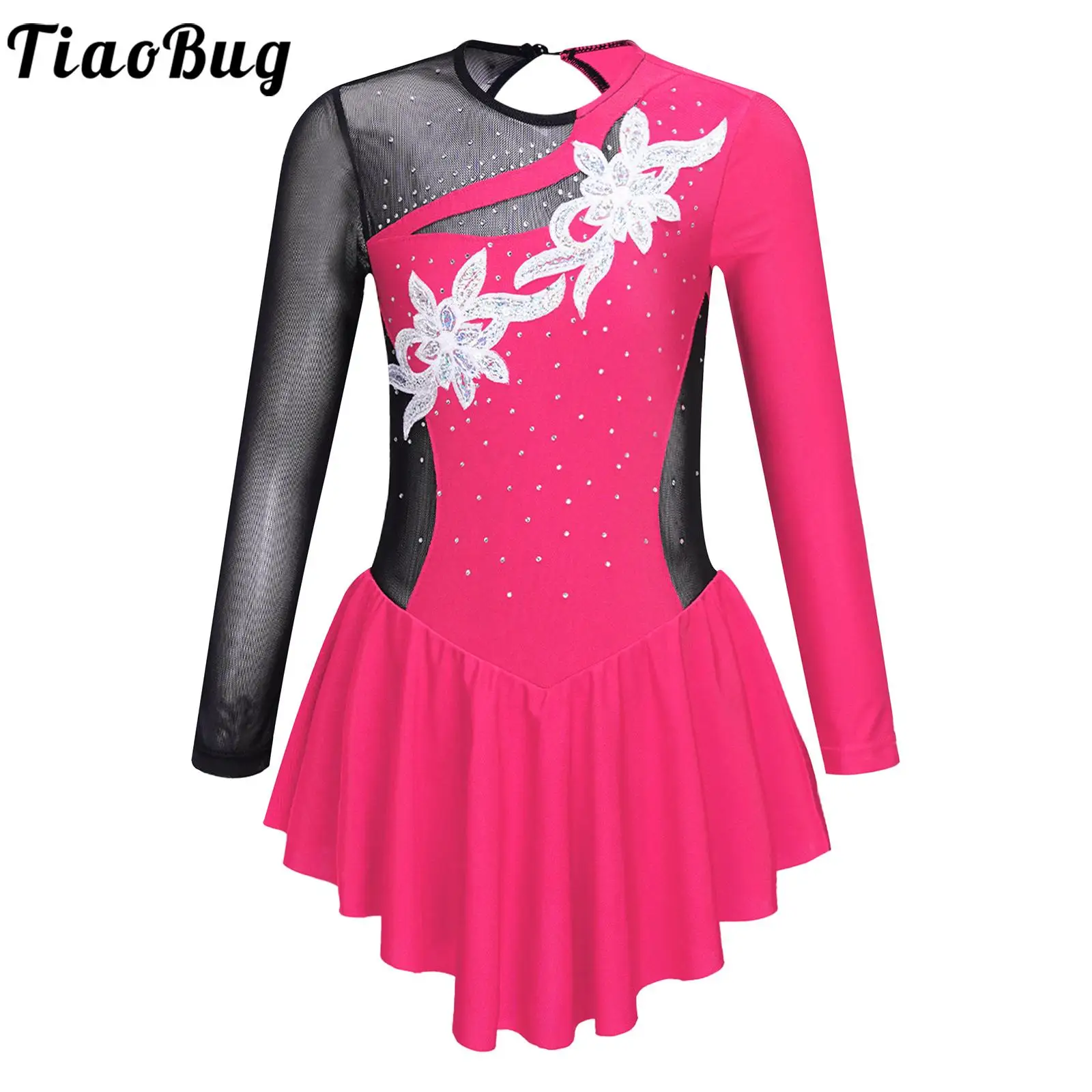 

Kids Girls Figure Skating Dress Ballet Dance Tutu Dresses Gymnastics Leotard Long Sleeve Shiny Rhinestone Performance Dancewear