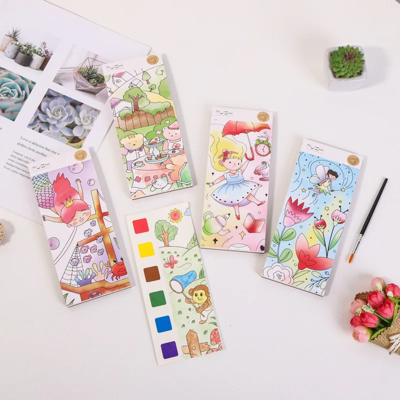 12pages Children's Watercolor Coloring Book Drawing Paper with Built-in Watercolor