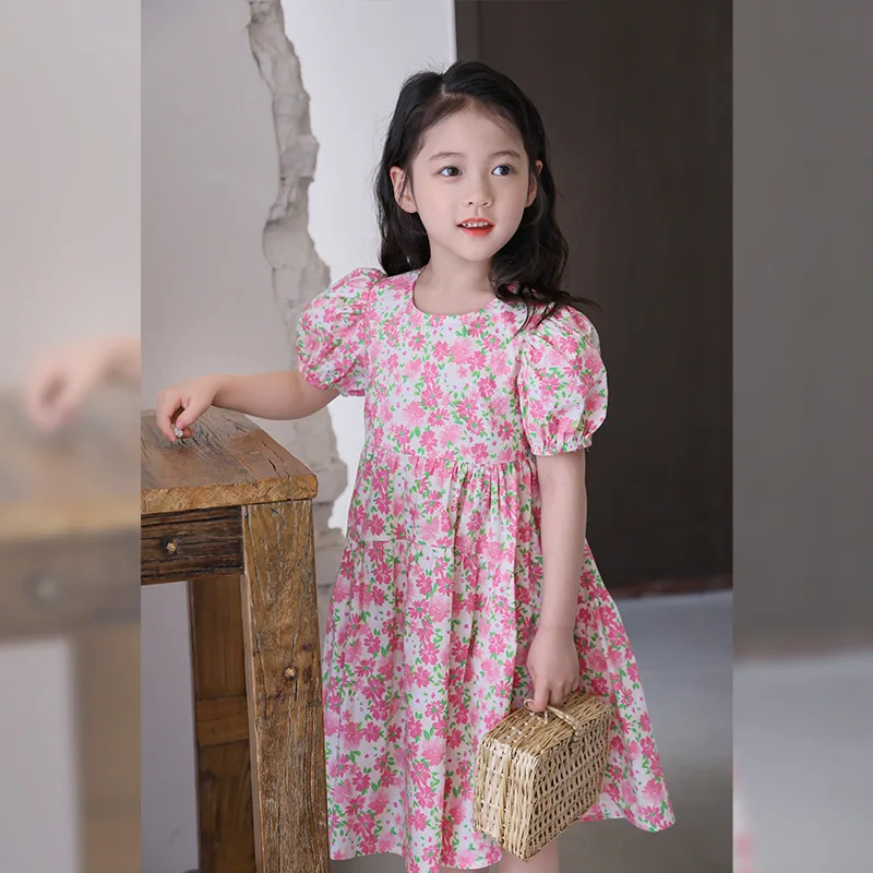 

Платье для девочек, новинка 2024, детское летнее платье, Милая юбка с цветочным принтом, детское платье принцессы во французском стиле, розовая юбка для маленьких девочек