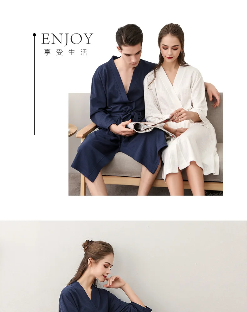 Waffelgewebter Bademantel, minimalistischer nordischer Stil, Paar-Robe, Spa-Robe mit Gürtel, mehrfarbig, lockere Passform, Loungewear für Männer und Frauen – Detail 7