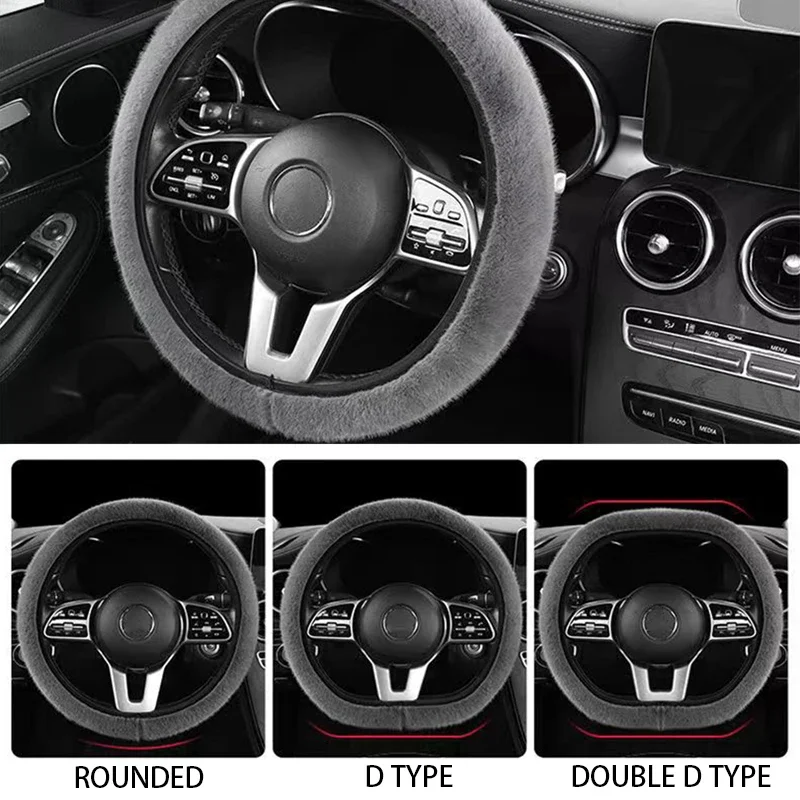 SEAMETAL Winter Warm Steering Wheel Cover Soft Plush Steer Cover Flexible Anti Slip Full-Wrapped Steering Protector for 37-39cm