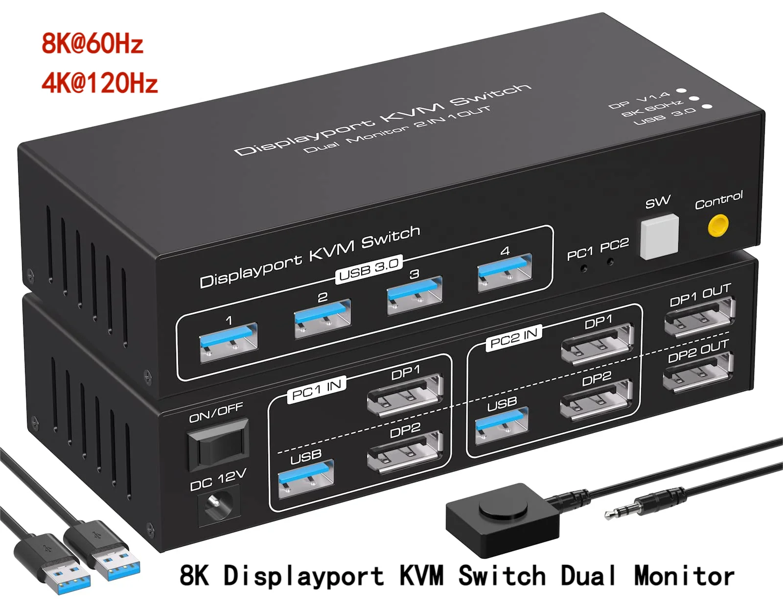 

8K Displayport KVM Switch Dual Monitor 4K@120Hz USB 3.0 KVM Switches for 2 Computers Share 2 Monitors and 4 USB 3.0 Devices 모니터