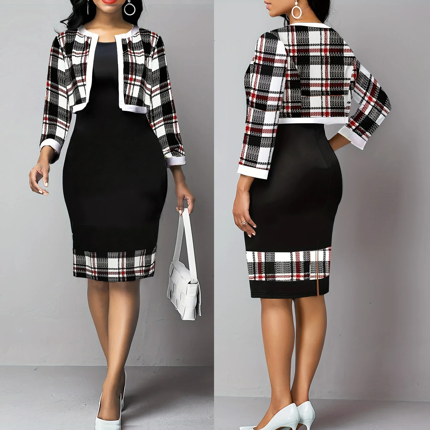 

Модный клетчатый комплект из двух предметов с принтом, женское офисное черное платье с подвеской, клетчатый кардиган, комплект из двух предметов для женщин, Осень-зима