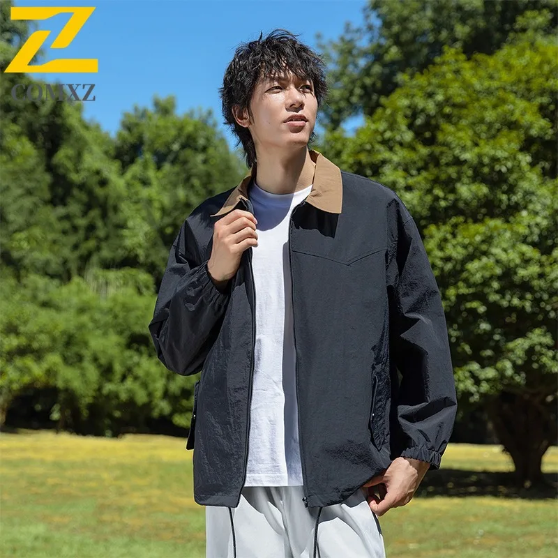 COMXZ 2025 Autumn New Men Color Block Jacket Shirt Collar American Coat Youth Hong Kong Style Casual Trend Lapel Workwear Coat