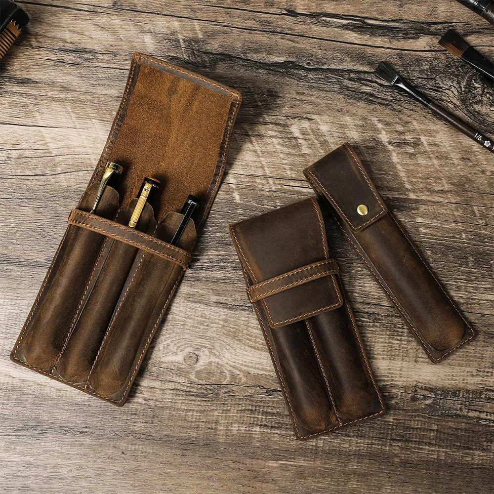 Handmade Crazy Horse Leather 1/2/3 Slots Pen Case Organizer Pocket Pen Holder Case for Adult Office School Vintage Retro Style