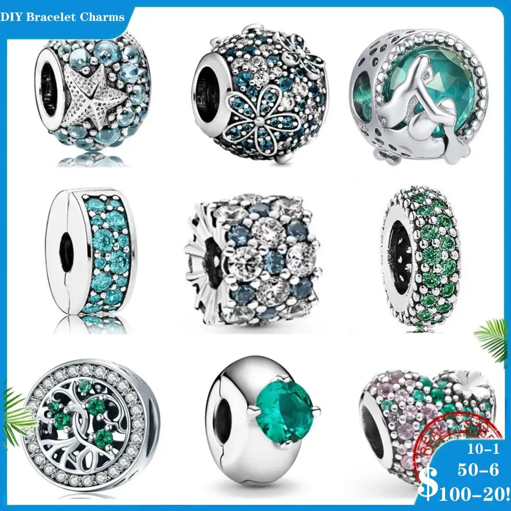 

Silver 925 Charms Shiny Green Petal Love Tree Safety Chain Beading Pandora Charm Original Bracelet DIY Jewelry For Women