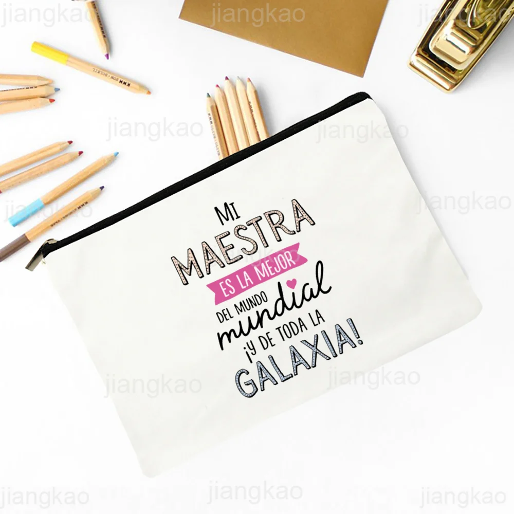 Best Teacher in The World Spanish Print Makeup Bag Travel Neceser Toiletries Storage Pouch Pencil Bags Graduate Gift for Teacher 6