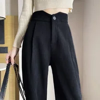 Black High Waist Drapey Chenille Wide Leg Pants Slimming Straight Corduroy Casual Floor-Length Trousers for Women