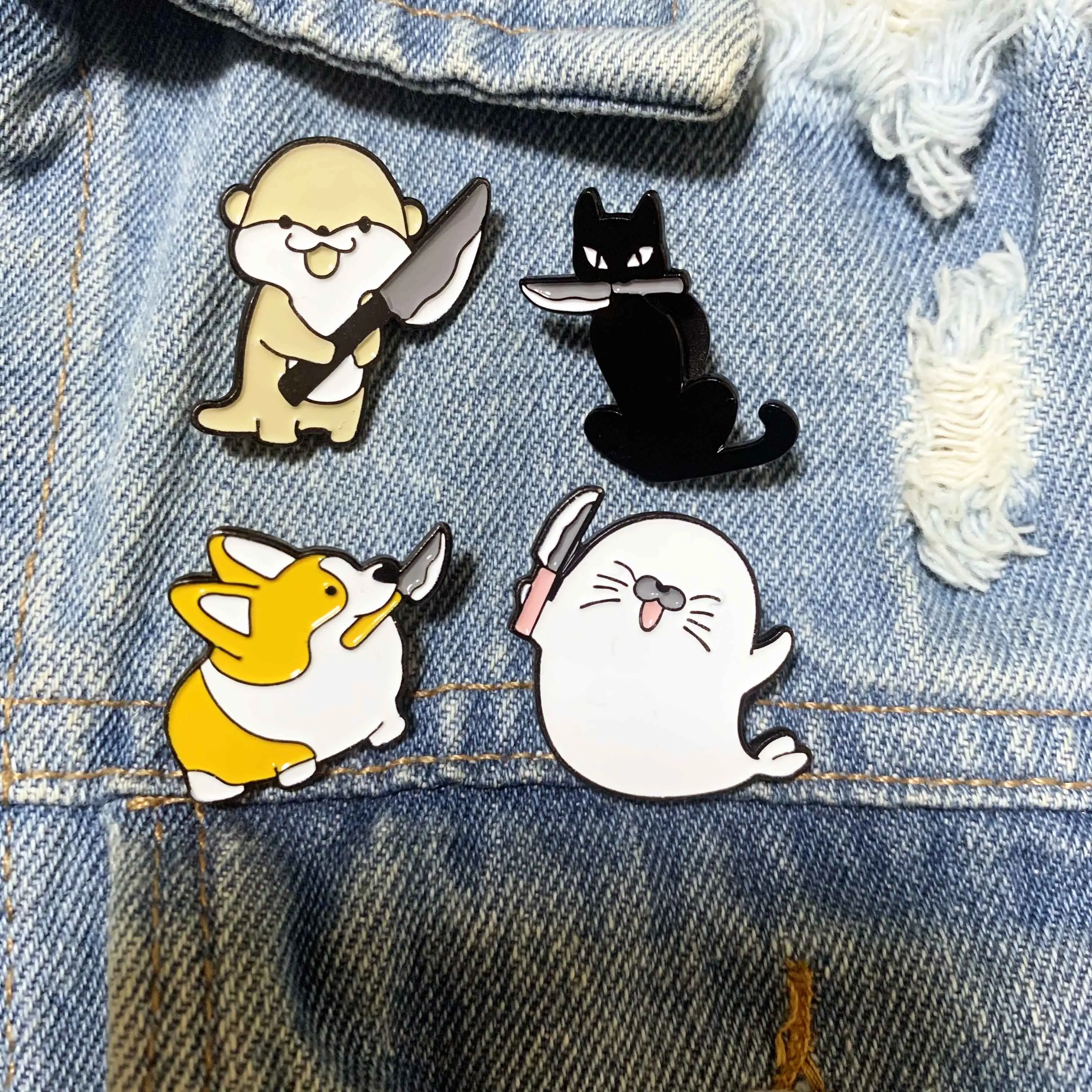 Assassin Animal Enamel Pin Stabber Corgi Cat Sea Lion Knife