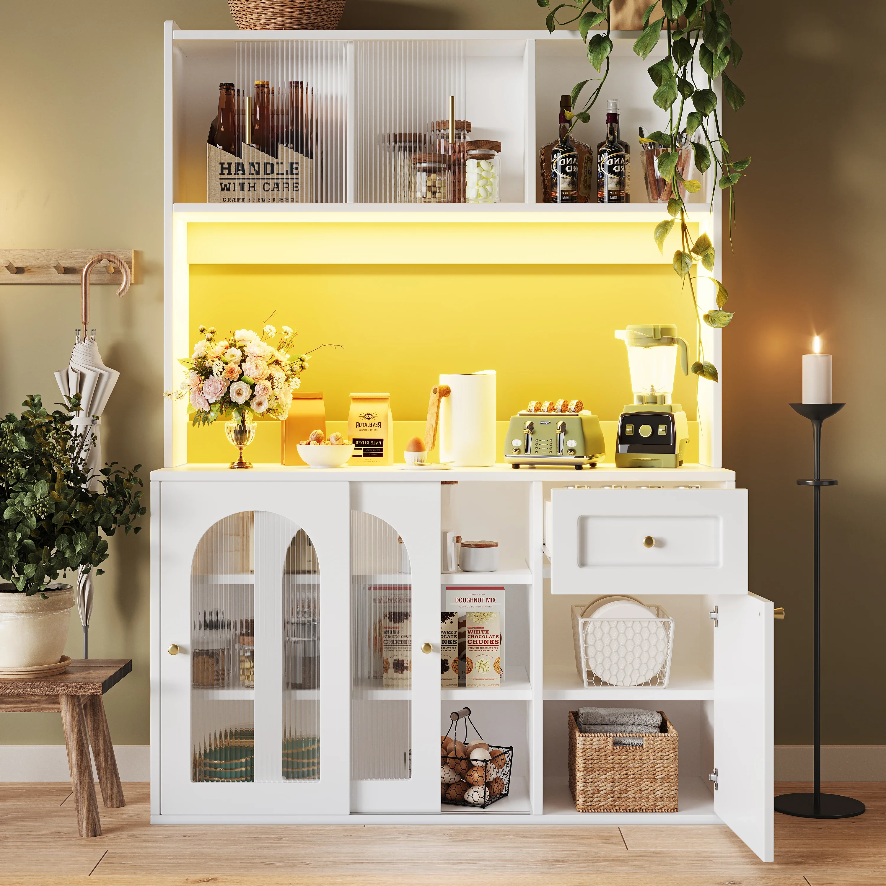 Küchenschrank, Herdplatte, Vitrine, Buffetschrank mit verstellbaren Regalen, Esszimmerschrank, Sideboard mit LED-Beleuchtung, Weiß – Detail 1