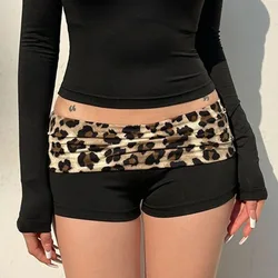 Y2K Aesthetic Low Waist Trendy Booty Shorts - High Stretch Slim Fit Summer Fashion - S (Leopard Print-)