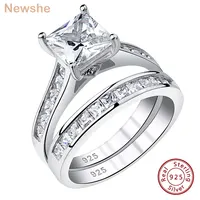 Newshe 2 Pieces Classic Wedding Rings Set for Women 7*7mm Princess Cut AAAAA Zircon 925 Sterling Silver Engagement Ring Jewelry