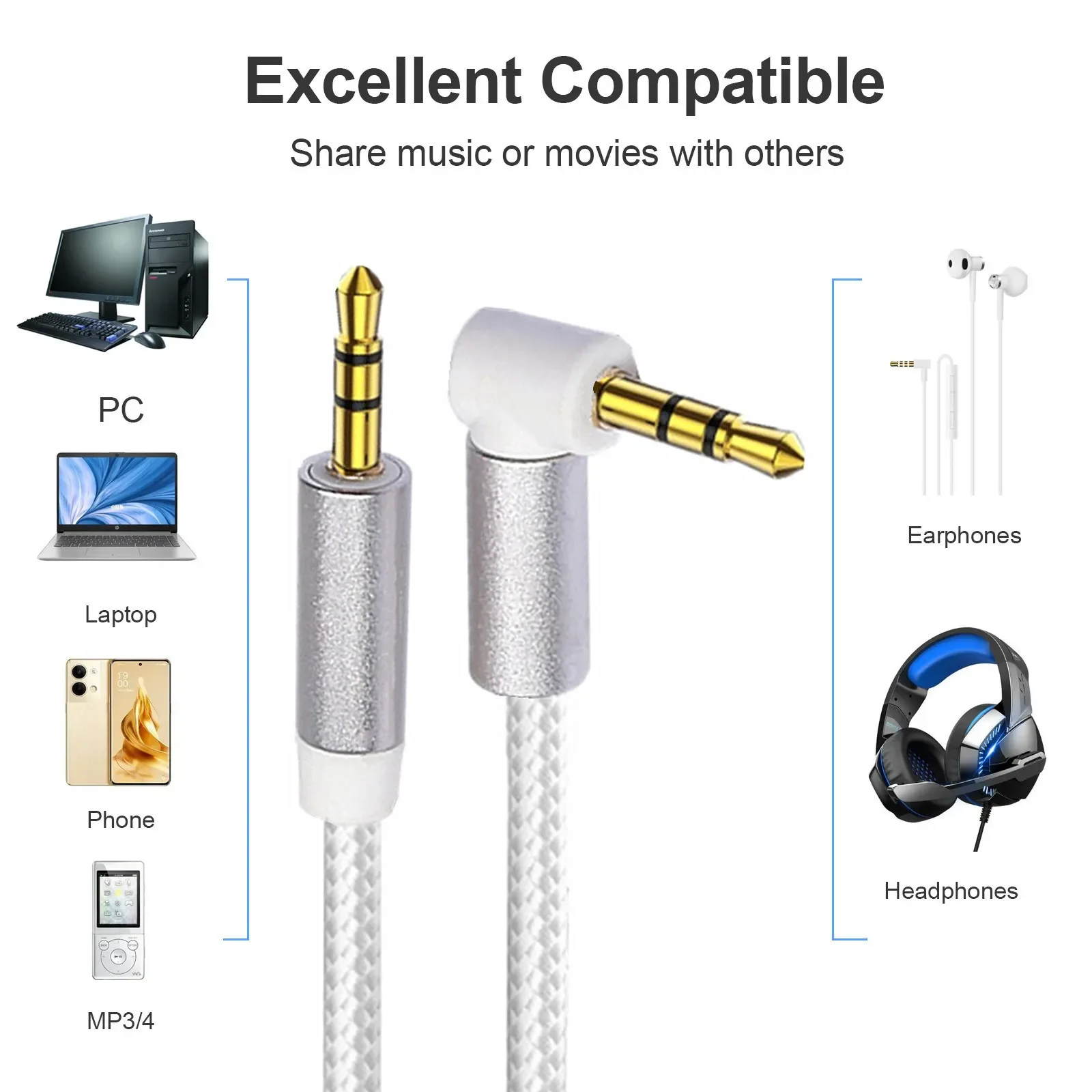 Right Angle 3.5mm Stereo Aux Audio Cable
