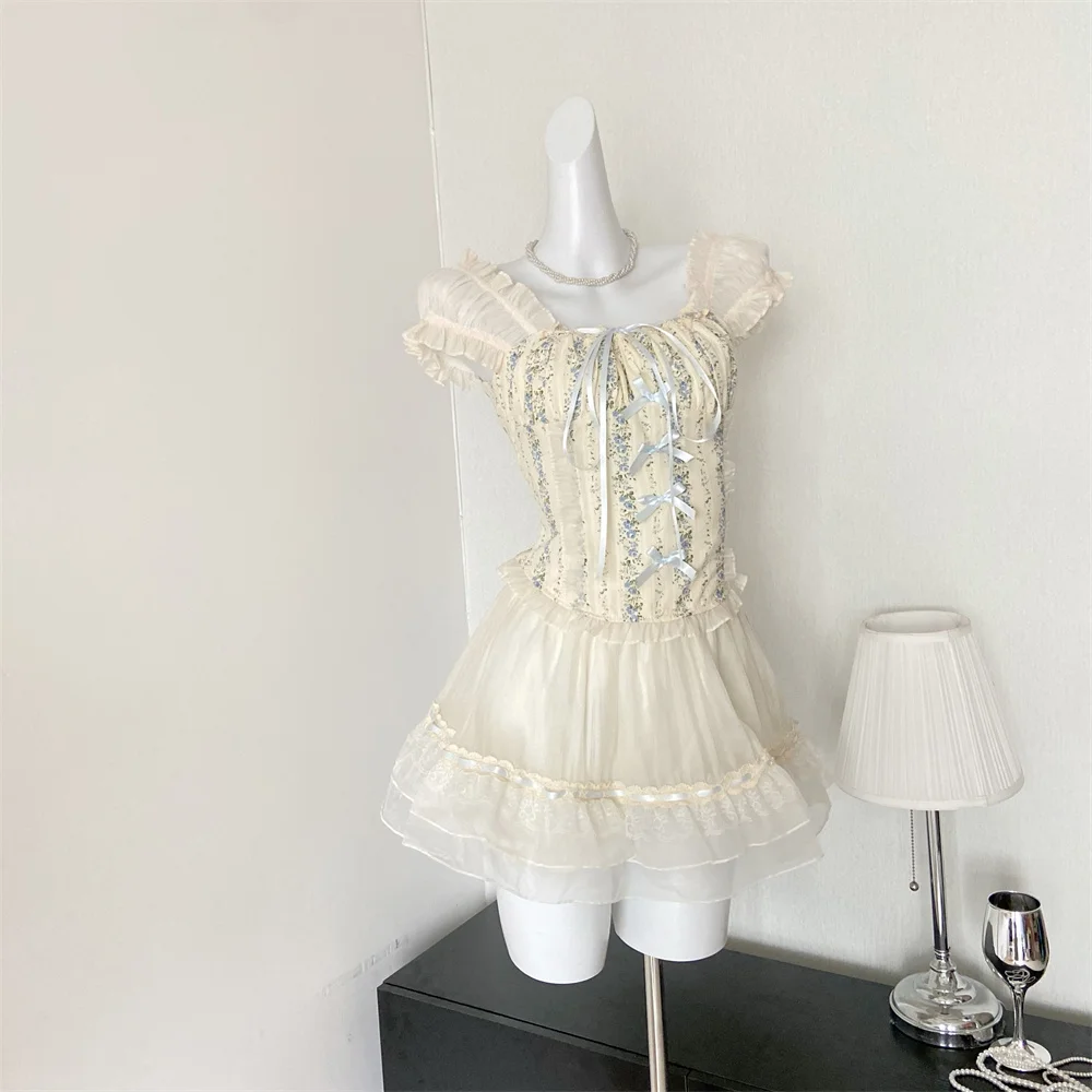 Y2K Two-piece Skirt Set Off Shoulder Square Collar Lace-up Cropped Top A-line Mini Skirt Sweet Summer New Slim Princess Outfits