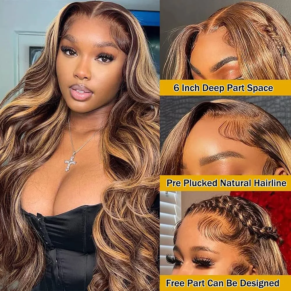 Lace Front Wig Human Hair Wigs Human Hair Wig Front Lace Wig Highlight Body Wave 13x6 Lace Frontal Wig For Women 4/27 Brown Colored 13x4 Transparent Lace Front Pre Plucked