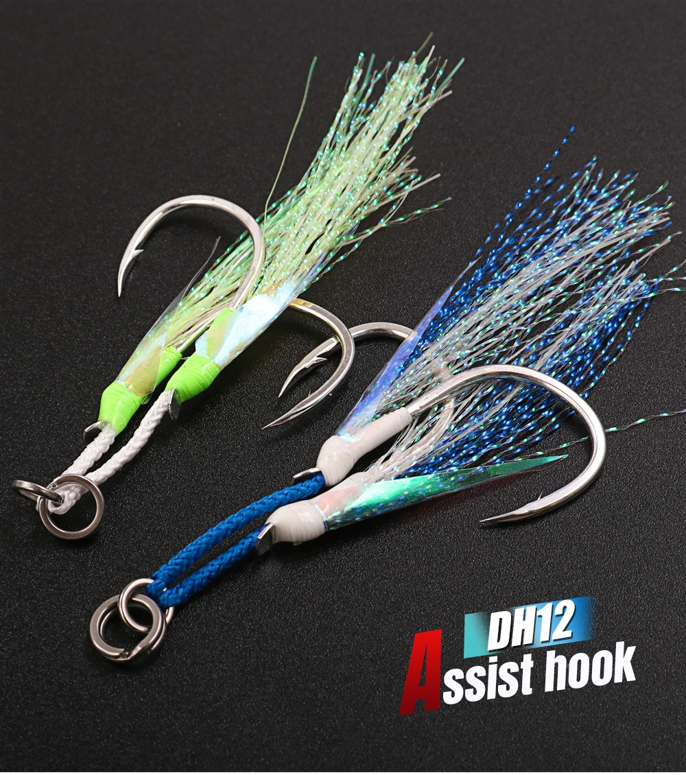 JIGGING PRO Twin Assist Haken 1/0 2/0 3/0 4/0 Angelhaken aus BKK-Stahl mit doppeltem Widerhaken und leuchtendem Feder-Jigging-Haken – Detail 1