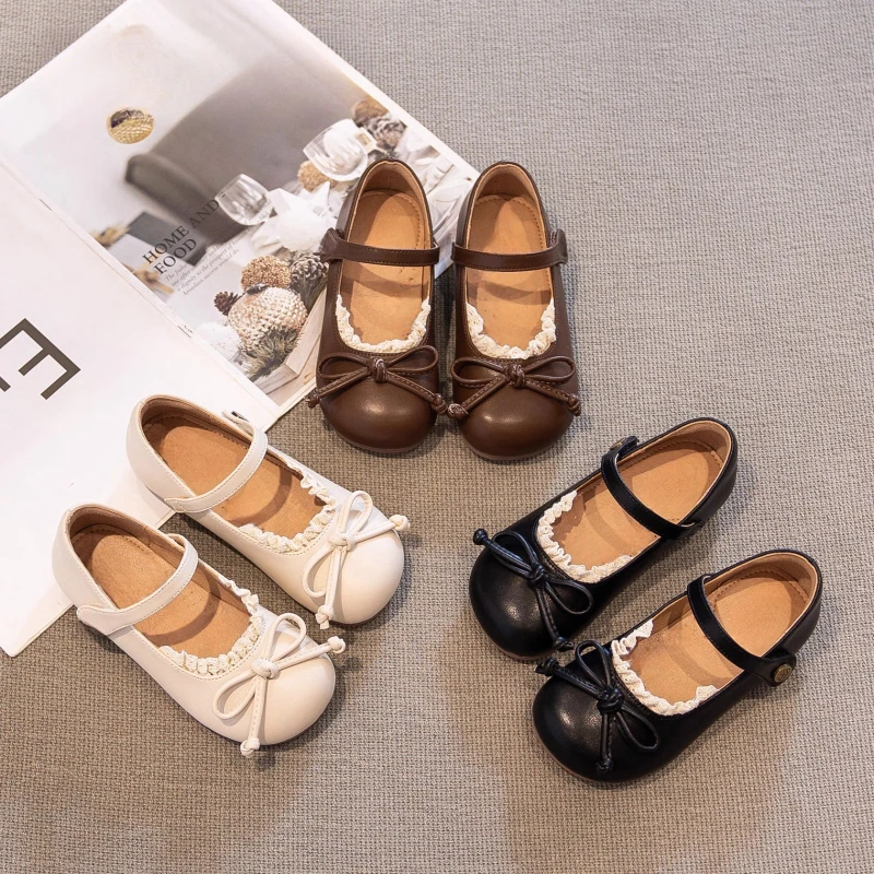 Autumn New Children Elegant Lace Leather Shoes for Girl Princess French Style Sweet Bowtie Fashion Retro Soft Anti-slippery