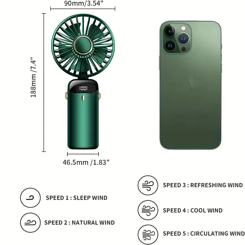 Portable Handheld Personal Rechargeable Fan LED Digital Display 90°Adjustable  Rechargeable Fan , 5 Speed Wind Mini Aromatherapy