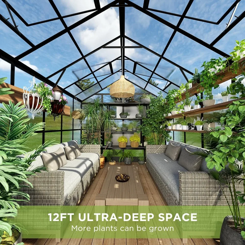 8x12x7.5 FT Polycarbonate Greenhouse Double Swing Doors 4 Vents 5.2FT Added Wall Height, Walk-in Large Aluminum Greenhouse 3