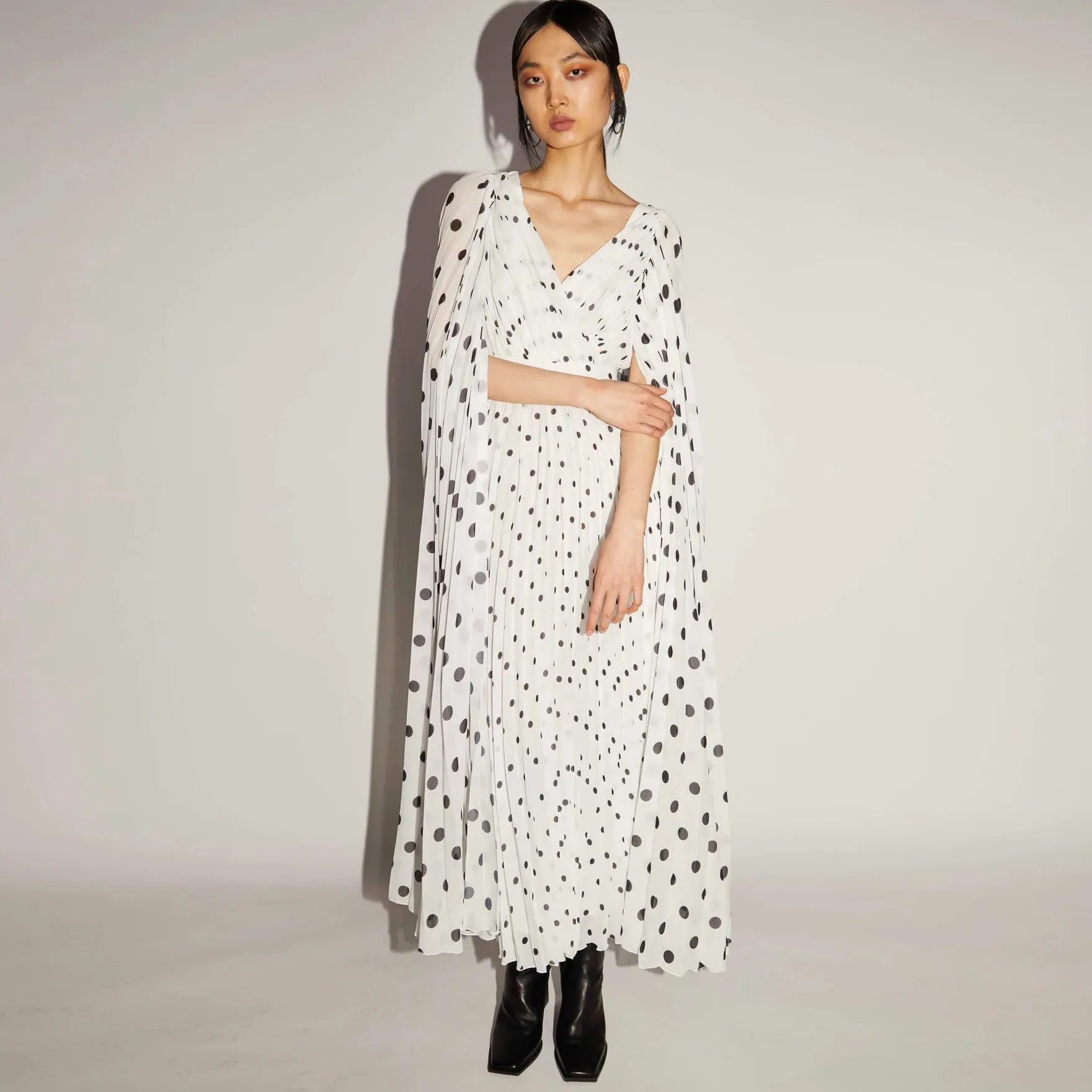 

Потрясающие плиссированные шифоновые женские платья в горошек, женские платья макси длиной до щиколотки с рукавами «летучая мышь»