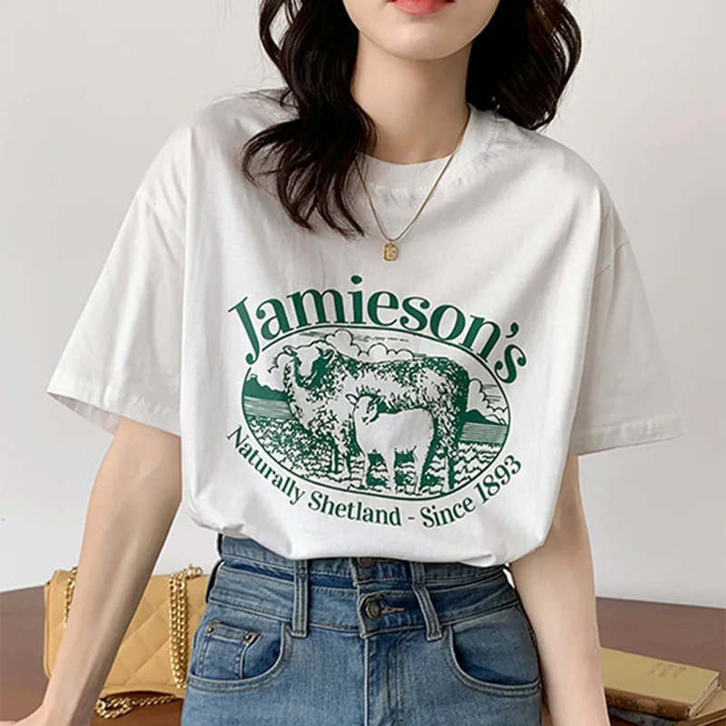 

Kuakuayu HJN Jamieson Sheeps Printed Vintage 80s 90s Tshirt Cotton Short Sleeve Graphic Tees Loose Kpop Chic Women Shirt