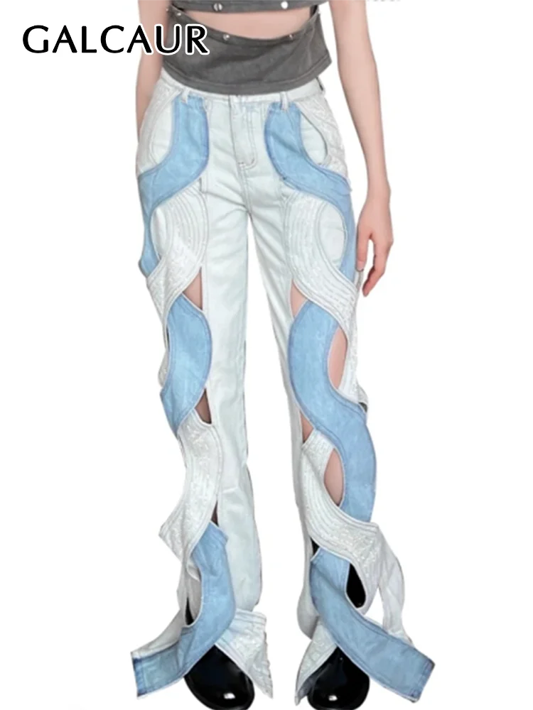 

GALCAUR Crisscross Hollow Out Denim Trousers For Women High Waist Patchwork Pocket Spring Casual Hit Color Wide Leg Pants Female