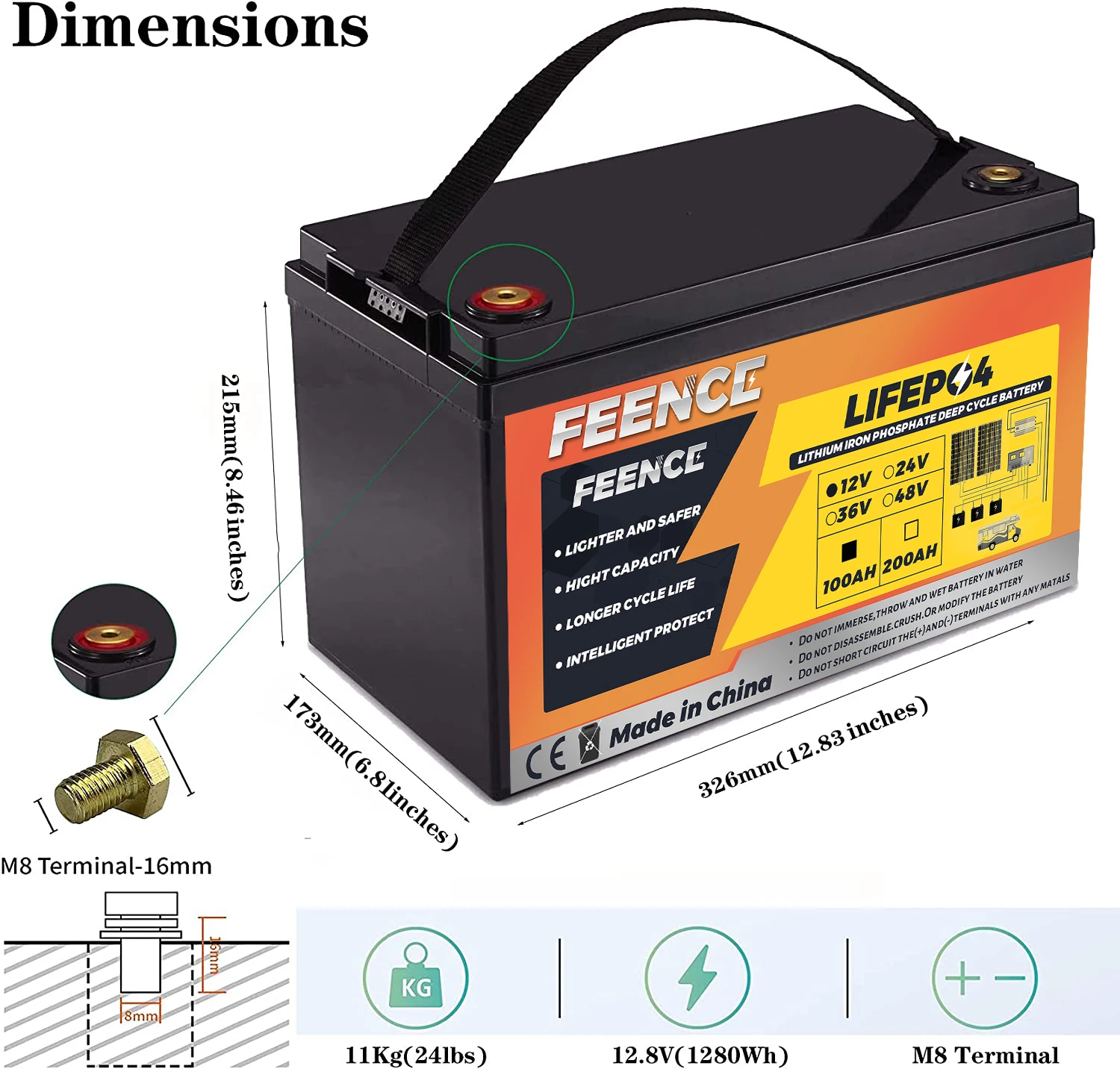 

Feence 12V LiFePO4 Battery 100Ah RV Campers Waterproof Golf Cart Batteries 4000 Cycles Off-Road Off-grid Solar Energy