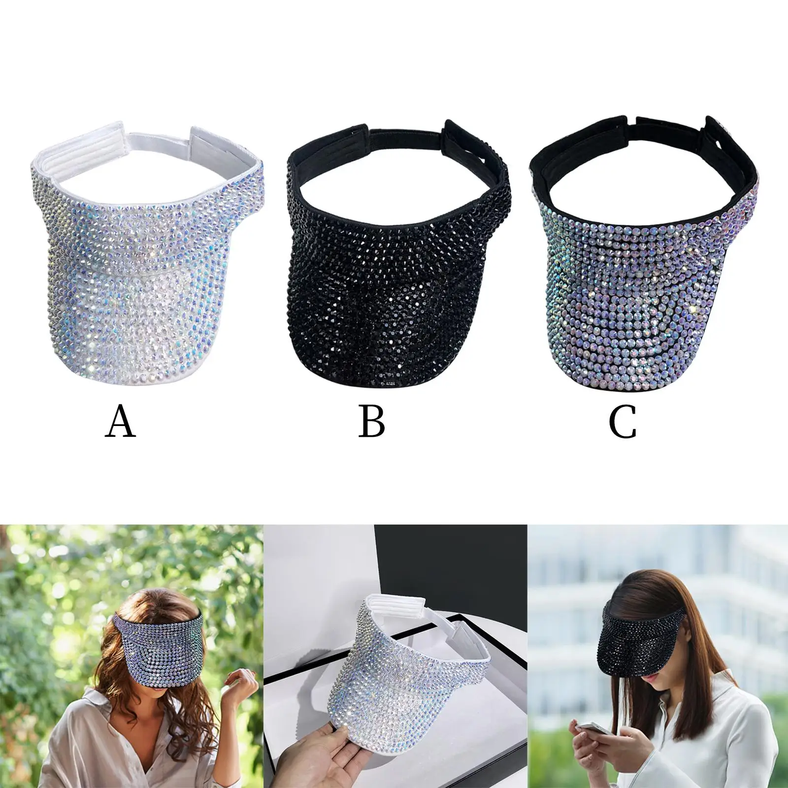 Shiny Bling Rhinestone Visor Sun Hat Adjustable Wide Brim Empty Top Glitter Hat for Golf Baseball