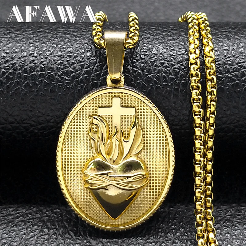 Vintage Christian Sacred Heart of Jesus Cross Necklace for Women