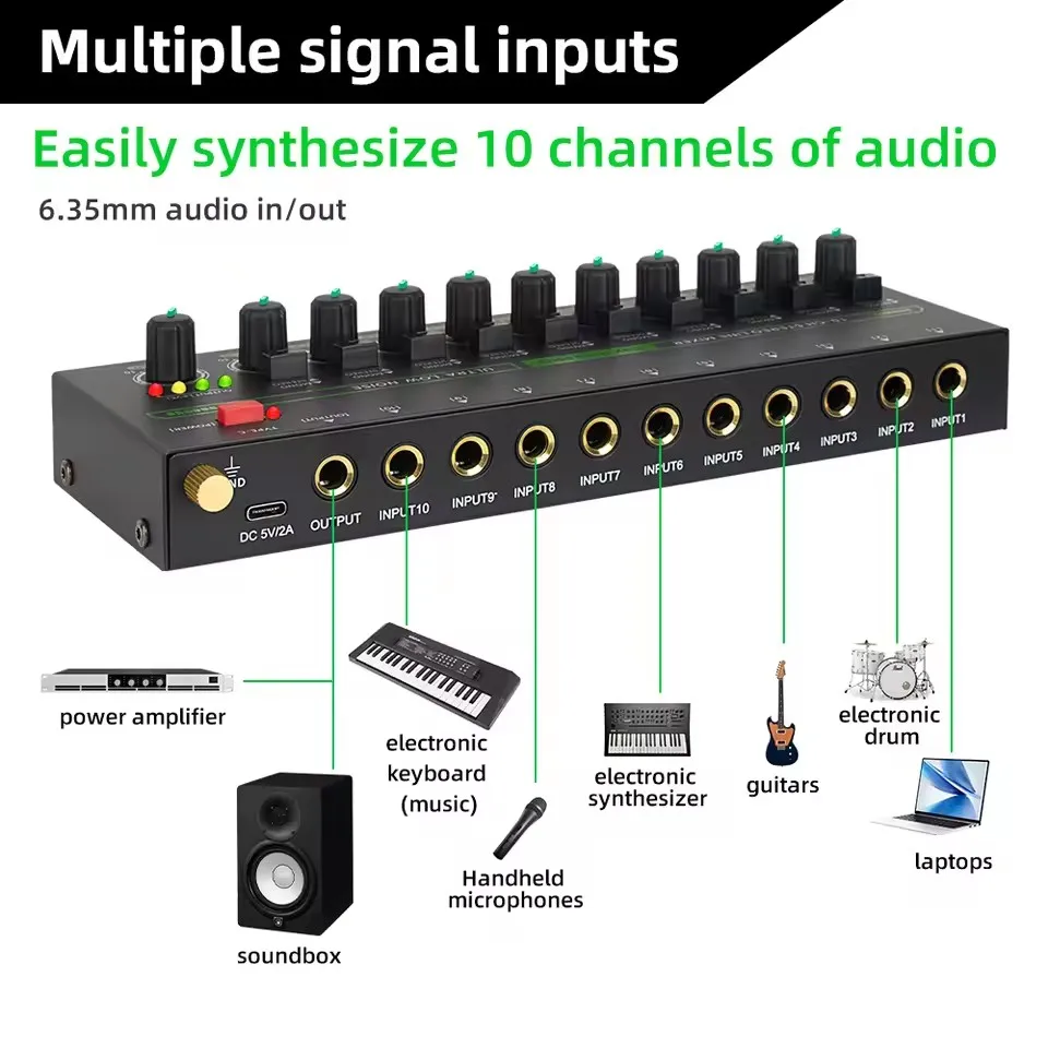 4/6/10 Channel Ultra Low Noise Stereo Line Mixer Mini Professional Sound Mixer with RGB Light DC5V Easy Operation Audios Mixer