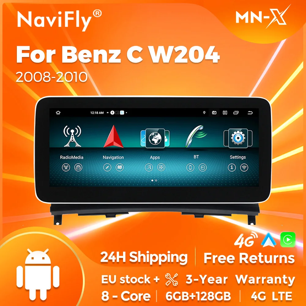 Navifly android 14 auto gps navi bildschirm für mercedes benz c klasse w204 s204 2008 - 2010 gps multimedia wireless carpaly auto wifi
