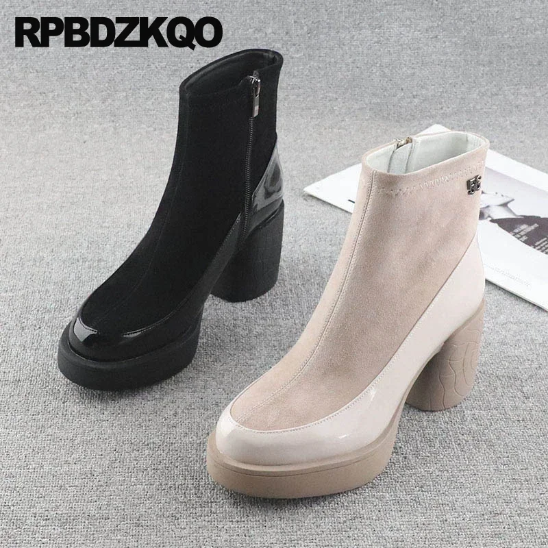 

Short Shoes Nude Patent Leather High Heels Booties Boots Plush Side Zip Pumps Sheepskin Patchwork Suede 34 Round Toe Women Block