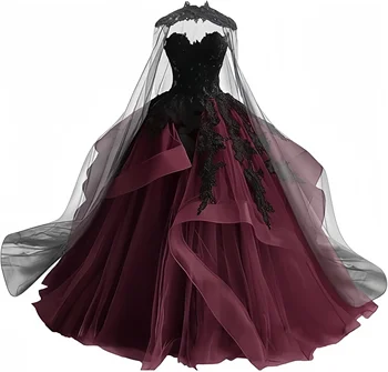 Abiti da sposa gotici vittoriani in tulle per la sposa Abiti da sposa in pizzo nero Abito da sposa gonfio senza spalline con mantello