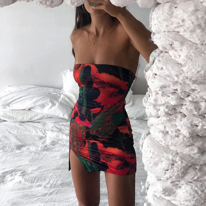 

Newest Arrival Women Summer Mini Dress Sleeveless Wrap Chest Open Back Straps Slim Fit Print Dress
