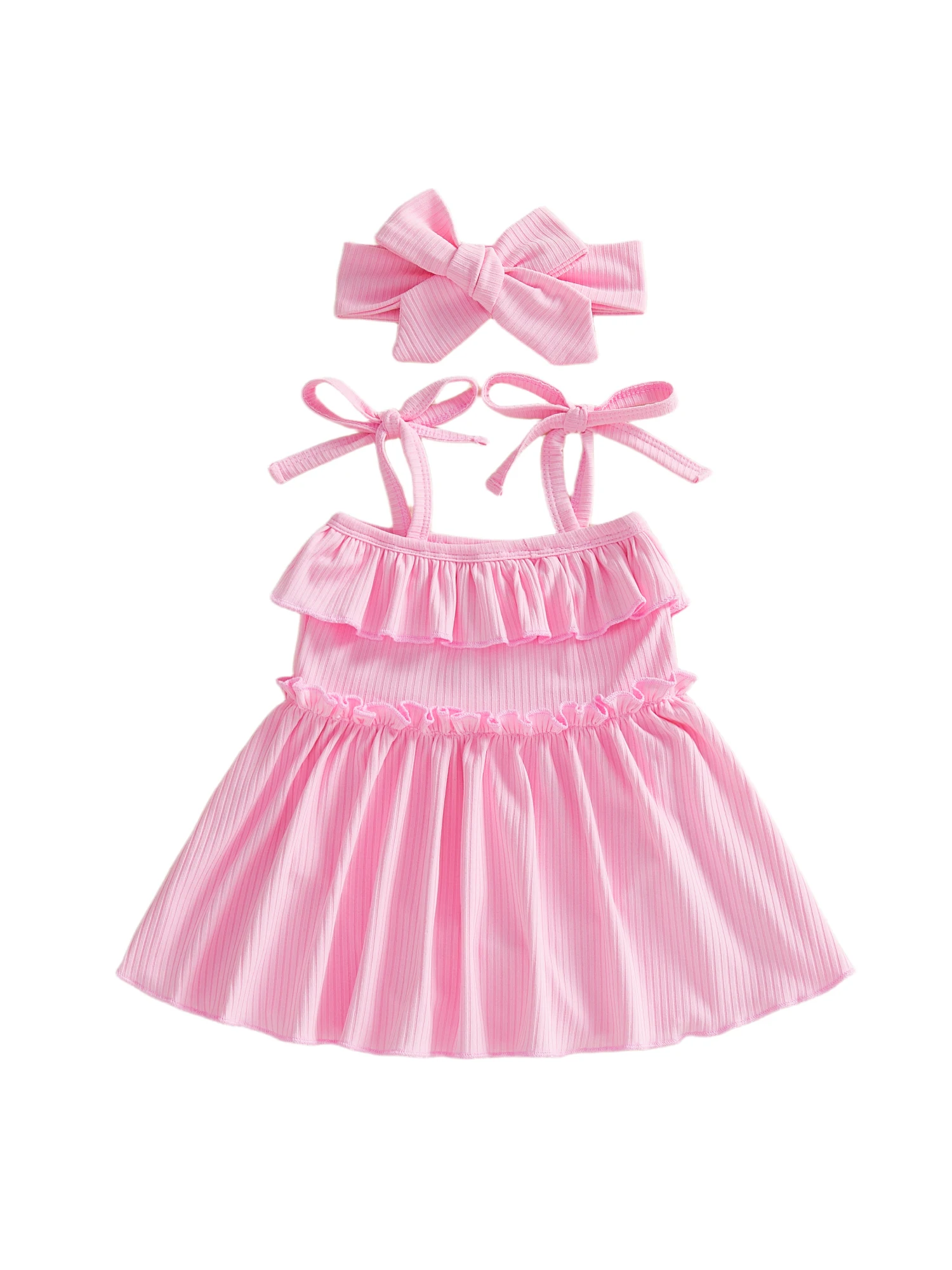 Adorable Baby Girl Pink Floral Print Sleeveless Romper Dress with Matching Bow Headband Set for Summer Fun