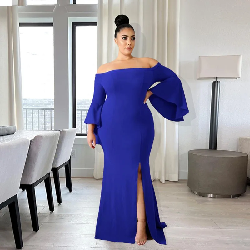 SOMO Sexy Off-shoulder Solid Color Elegant Split Dress Flare Sleeve Party  Dress Women Plus Size Clothing Wholesale Dropshipping - AliExpress