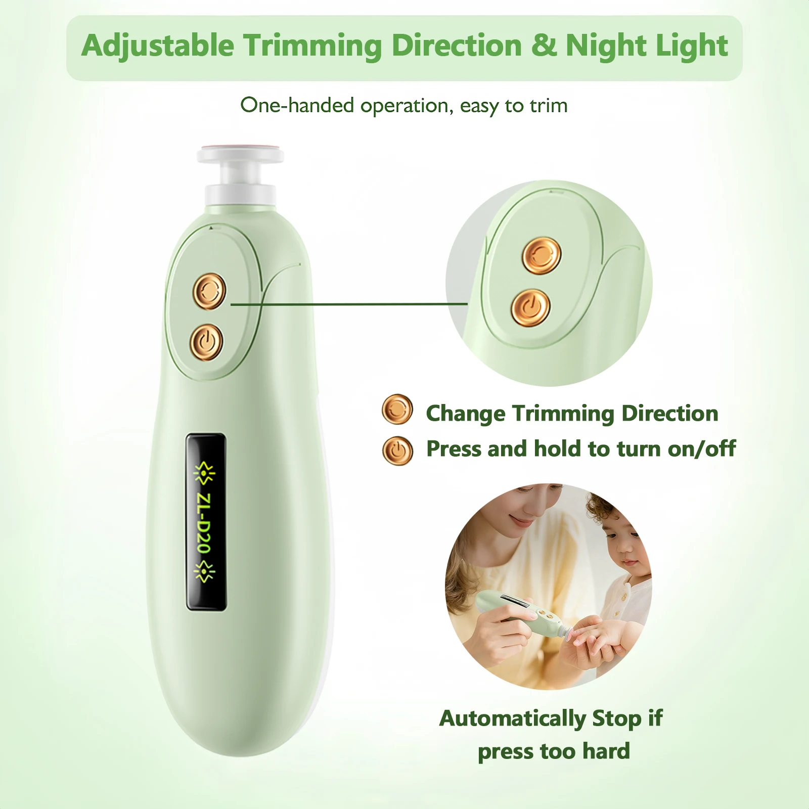 Lima per unghie per bambini Set elettrico per la cura delle unghie per bambini con luce a LED, tagliaunghie per neonati per unghie dei piedi e unghia per neonati/neufanti/adulti - immagine 5