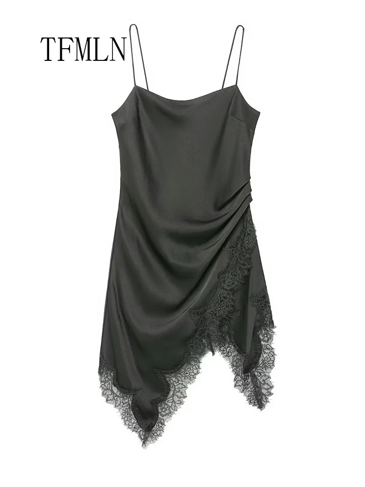 Sexy Women Lace Patchwork Pleated Dress Elegant Chic Sleeveless Camisole Dress Asymmetrical Party Dress 2026 Spring Summer