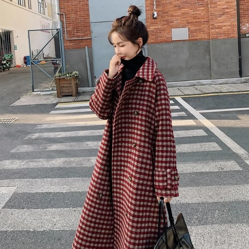 

Plaid Long Korean Version Loose Waist Popular Woolen Blends Imitation Wool Autumn Winter Women New Fashion Coat Outerwear