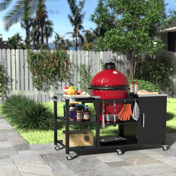 Grill Table for Big Green Egg Style BBQ, Heavy Duty Metal Outdoor Grill Station Prep Table with Storage 5