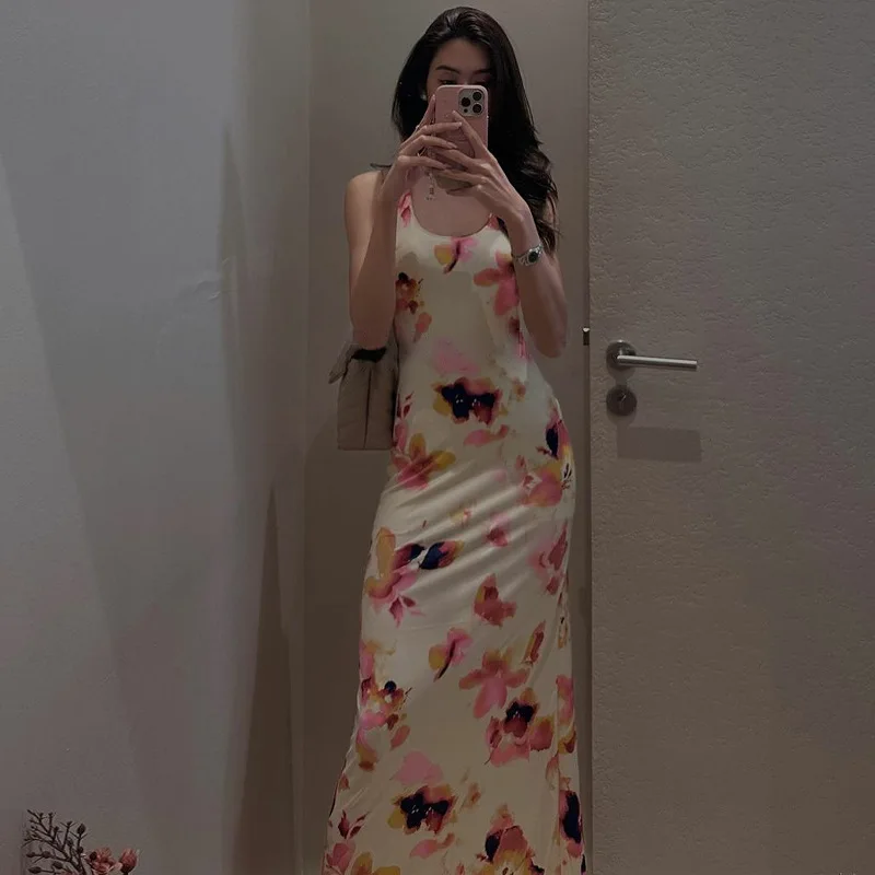Vestido de moda con espalda descubierta y estampado para mujer, estilo vendaje, ajustado, elegante, de fiesta, con cordones, sexy, largo, para verano 2025