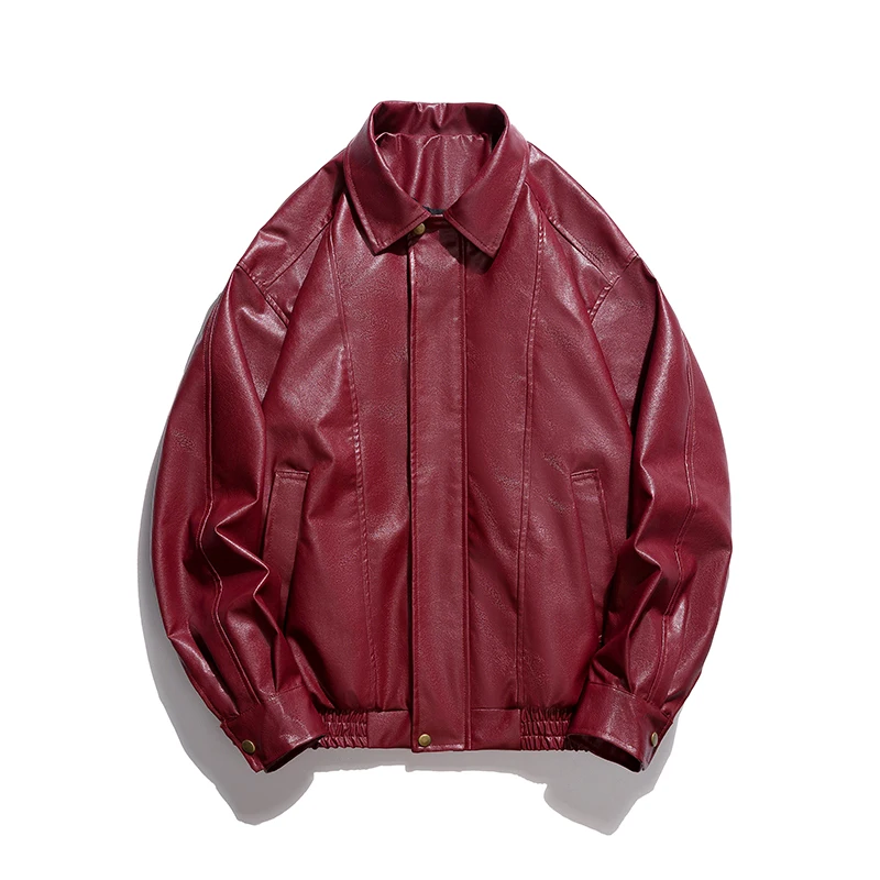 

Black Red Faux Leather Jacket Coat Men Vintage Turn-down Collar Raglan Sleeve Motorcycle Clothing Fashion Oversize Outerwear