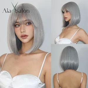 ALAN EATON Sliver Gray Bob Wigs with Bangs Short Straight Synthetic Wigs for Women Grey Cute Lolita Party Hair Heat Resistant