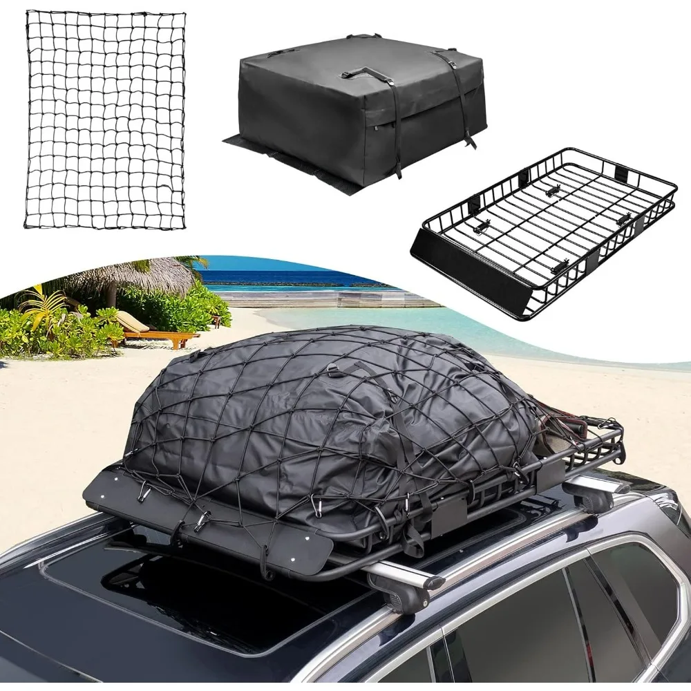 Adjustable Roof Rack with 15 Cubic Feet Cargo Basket and Carrier Bag for Vehicle Luggage Storage