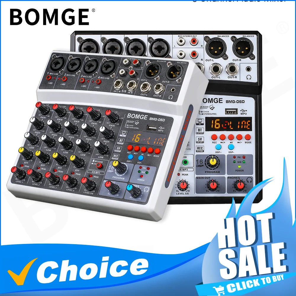 BOMGE Wireless 6 Channel Audio Mixer Portable Mixing Console USB Interface Sound Card With 16 DSP Echo 48V Phantom Power audio mixer