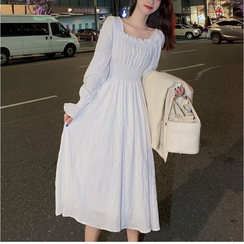 

White Elegant Dress Women Square Collar Long Sleeve Dresses Vintage Autumn 2021 Fairy Robe Korean Fashion Outfits