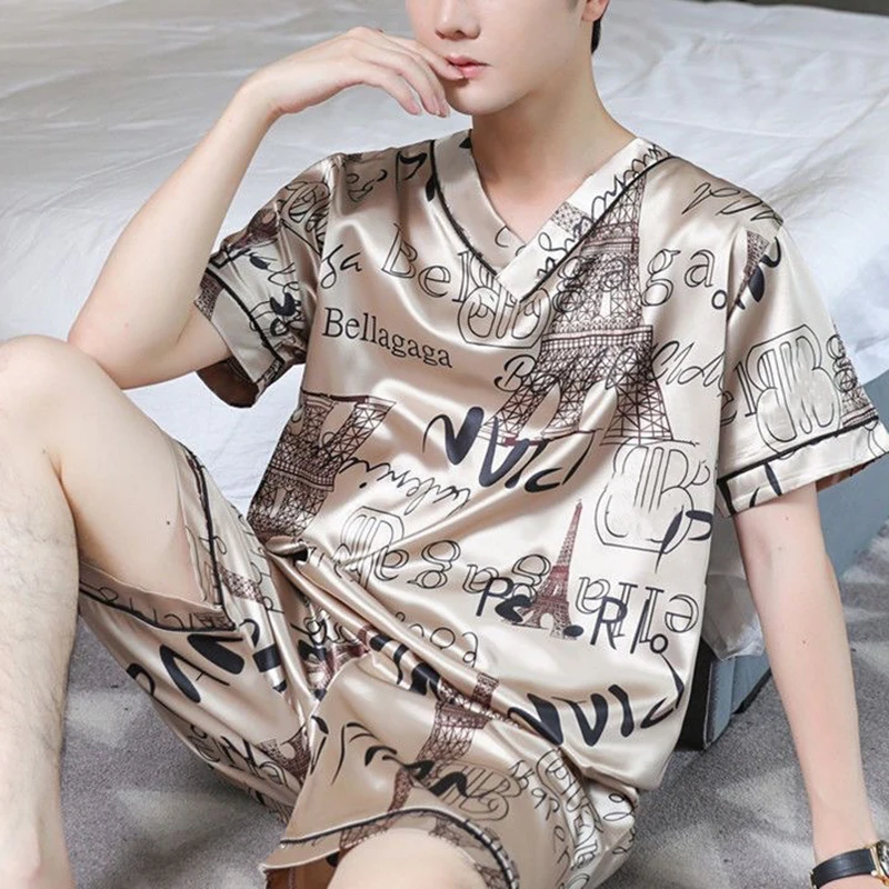 2023 Summer Men Satin T-Shirt Male V Neck Short Sleeve Casual T-Shirt Loose Pajamas Tops Printing Loungewear Sleepwear Tees Tops skeleton motorcycle men t shirt handsome male o neck vintage clothes summer cool homme tees tops punk skull knight t shirts