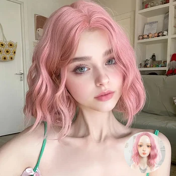 14Inch Pink Wig for Women Short Wavy Pastel Pink Wigs with Lace Shoulder Length Middle Part Curly Wavy Wig 1