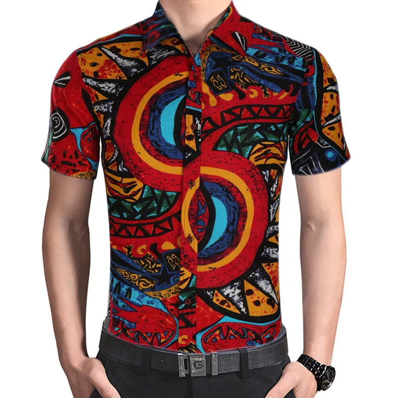 

New Men's Tops Linen Casual Distinctive Slim Shirt Turn-down Collar Short Sleeve Patterned Shirts for Man Clothes Dress Shirts